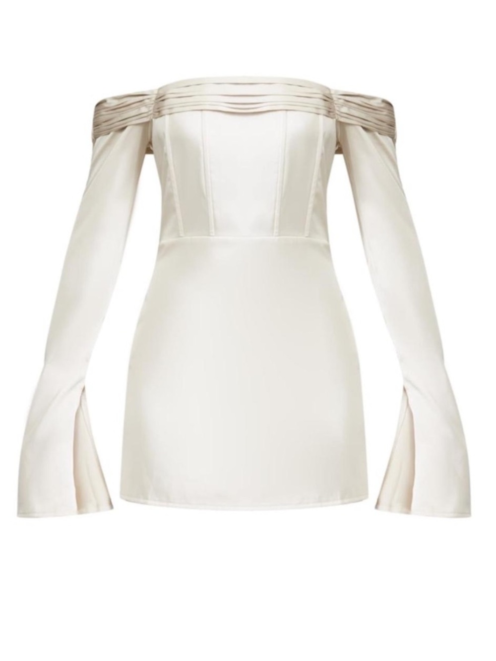 PrettyLittleThing Cream Off-Shoulder Mini Dress with Long Bell Sleeves